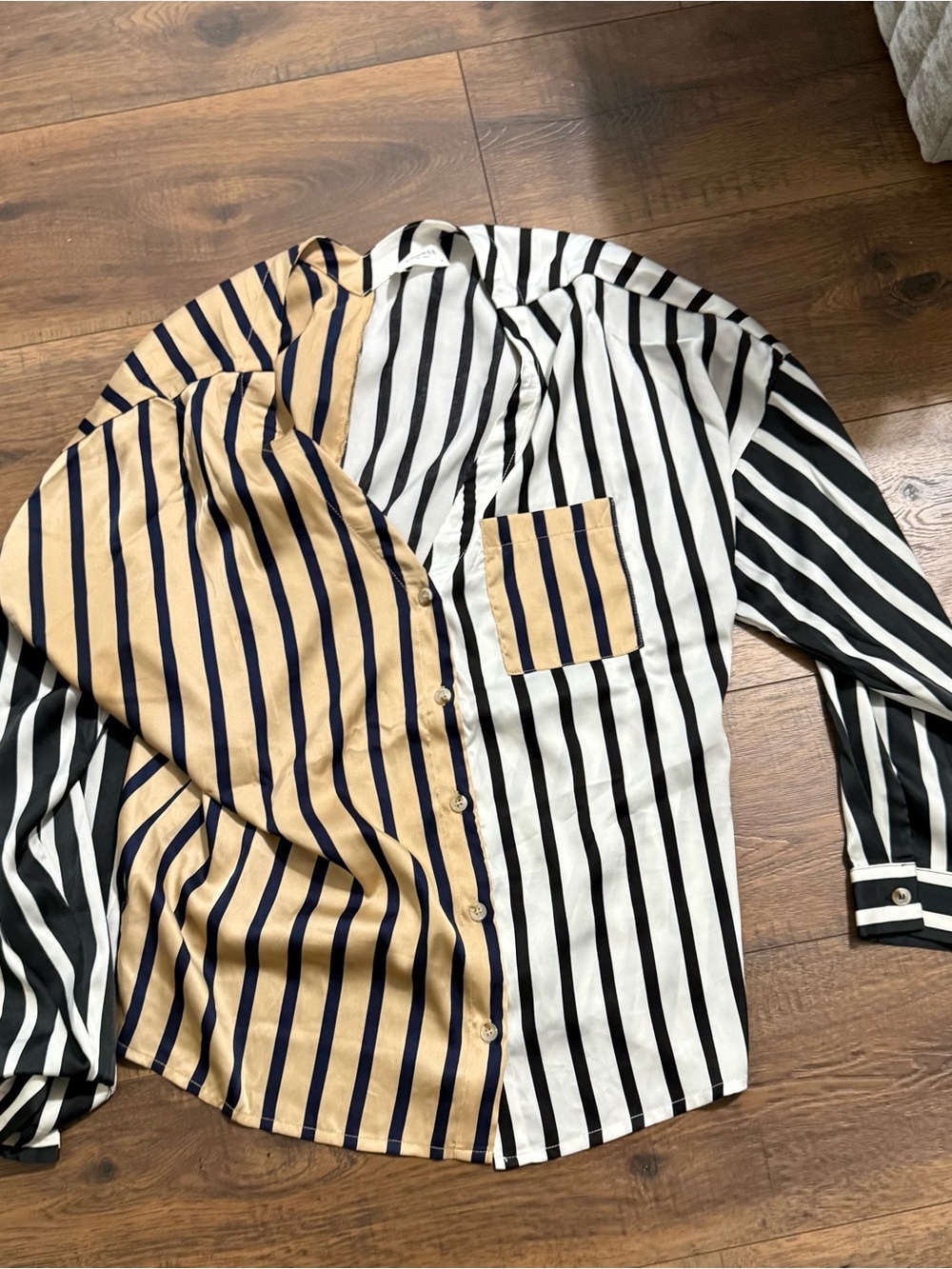 Striped Contrast Button-Up Shirt in Black, White & Tan